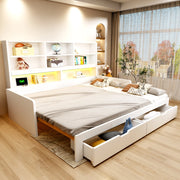 Letto divano estensibile 90x200/180x200 cm con LED; USB; cassetti e ripiani aperti; legno bianco