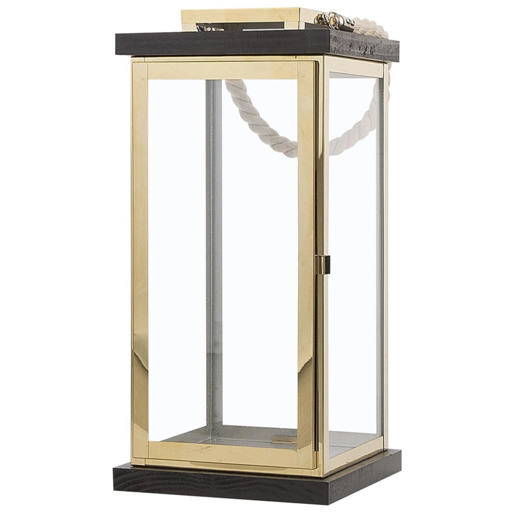 Lanterna in Legno Nero e Metallo dorato H 41 cm Portacandele a Colonna con Manico in Corda