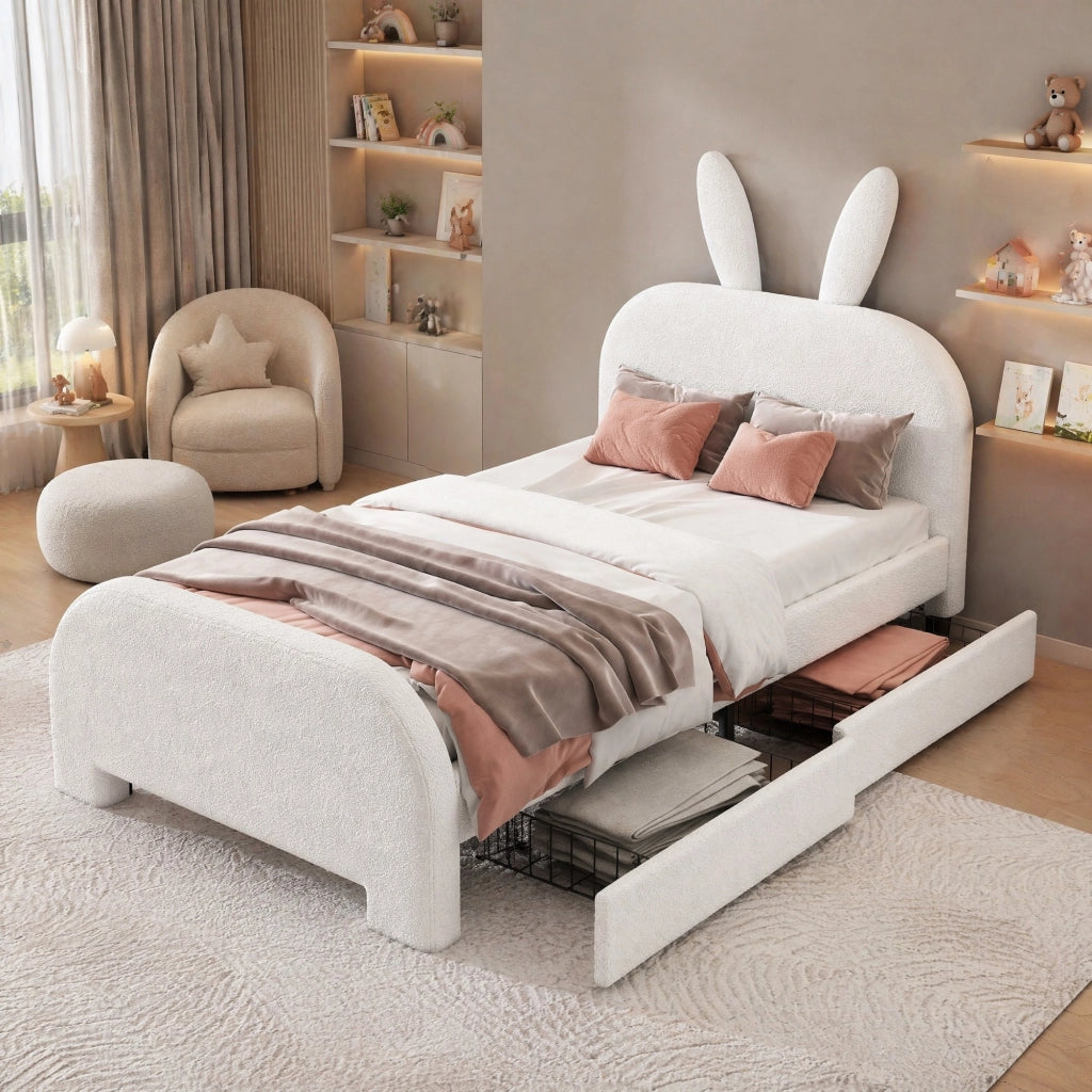 Letto singolo 90 x 200 cm con forma di coniglio e 2 cassetti