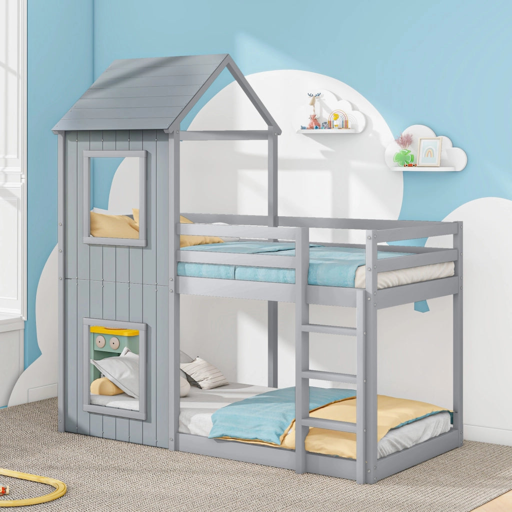 Letto a castello 90x200 cm; con sponda di sicurezza; legno; grigio (Senza materasso)