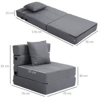 Poltrona Letto Singolo da Terra Pieghevole con Cuscino Incluso, 70x70x61 cm, Grigio