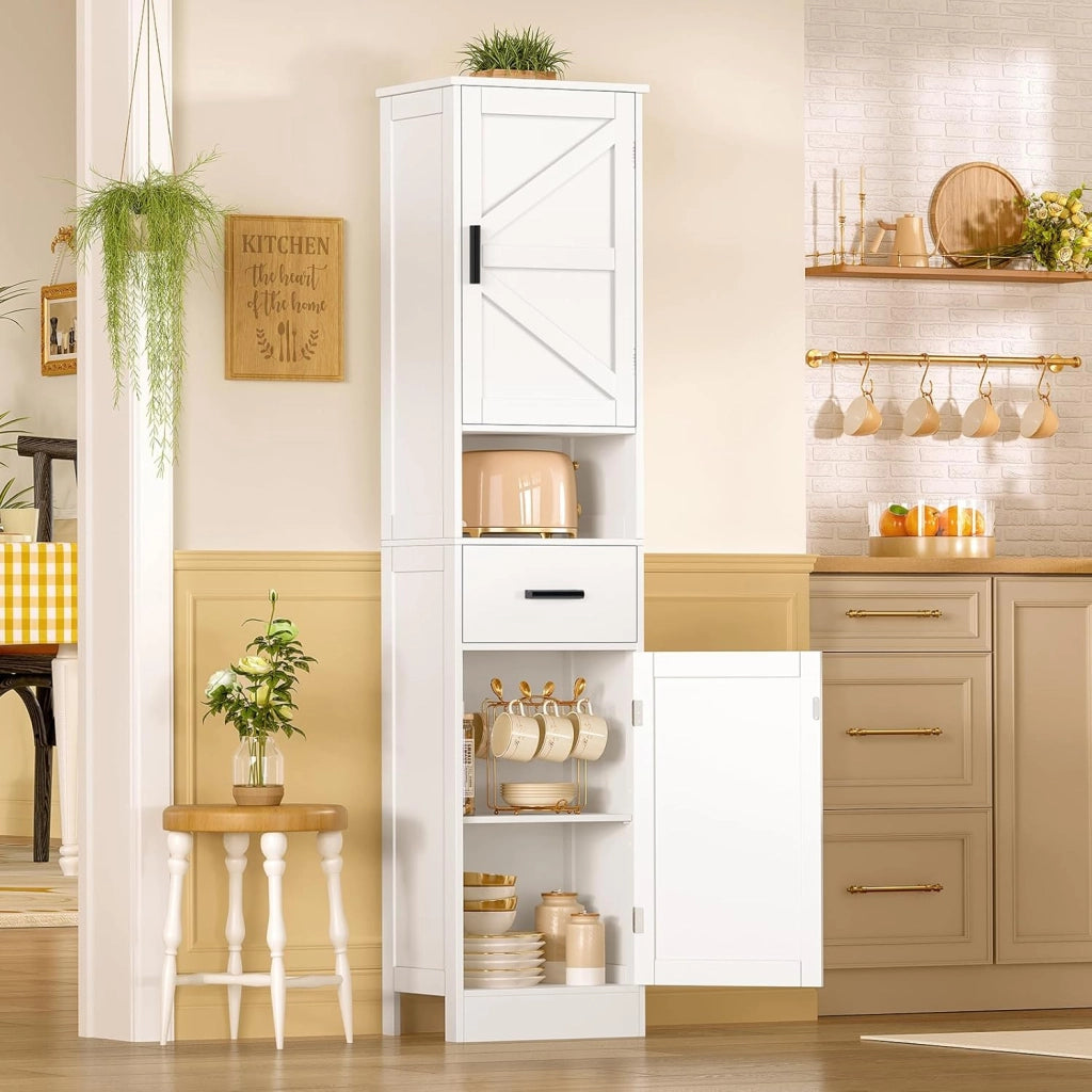 Mobiletto Bagno Salvaspazio con Ante Regolabili, Mobile Bagno Alto con 2 Ante e 1 Cassetto, Colonna Bagno con Ripiani Regolabili, Mobiletto compatto da terra, Bianco 40x30x170cm
