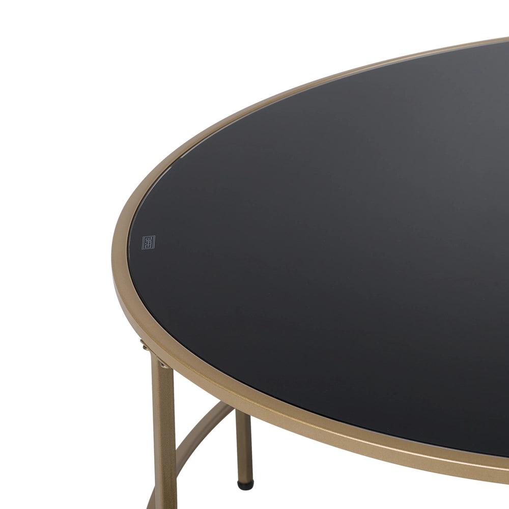 Tavolino da Caffè Piano in Vetro Nero Struttura in Metallo dorato Rotondo 88 cm Glam