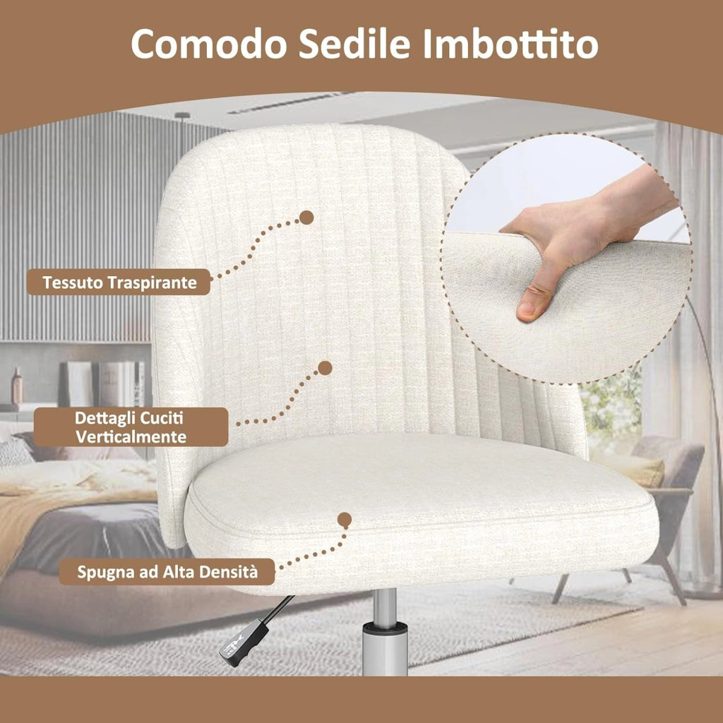Sedia da Ufficio, Sedia da Scrivania Moderna senza Braccioli, con Schienale Curvo e Seduta Imbottita, Regolabile in Altezza con Rotelle Lisce per Camera da Letto (Beige)