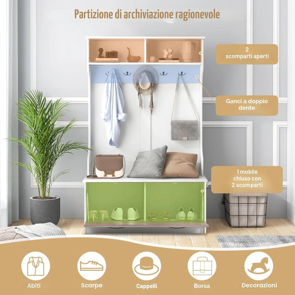 Appendiabiti con Panca da Scarpe, Armadio con Panca Portaoggetti e 5 Ganci e Scomparti, Mobile d'Ingresso Moderno per Corridoio, Camera da Letto, 100x40x160 cm (Bianco)