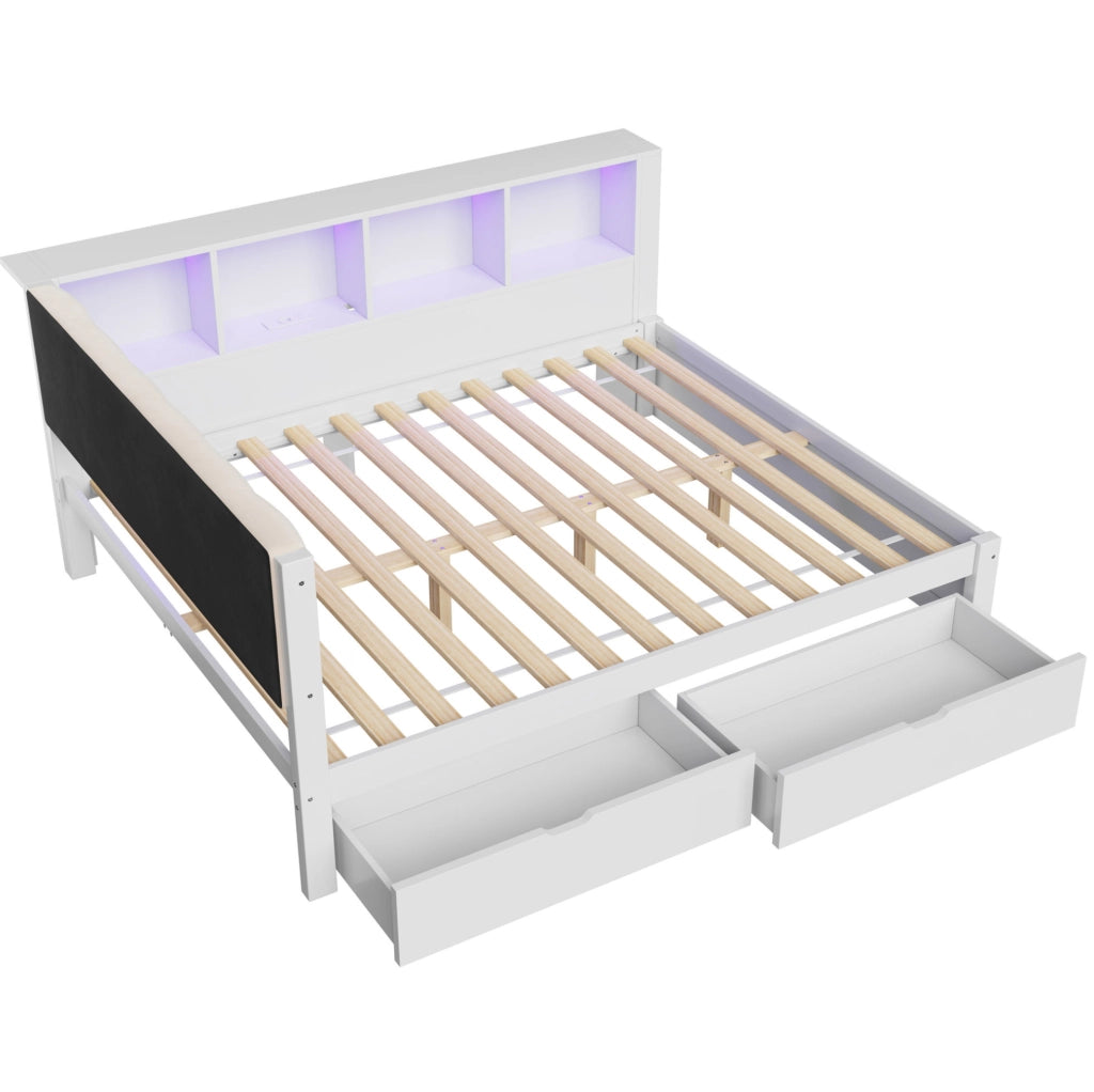 Daybed 140x200 cm con cassetti; ripiano integrato; USB e LED; in legno di pino e MDF; bianco
