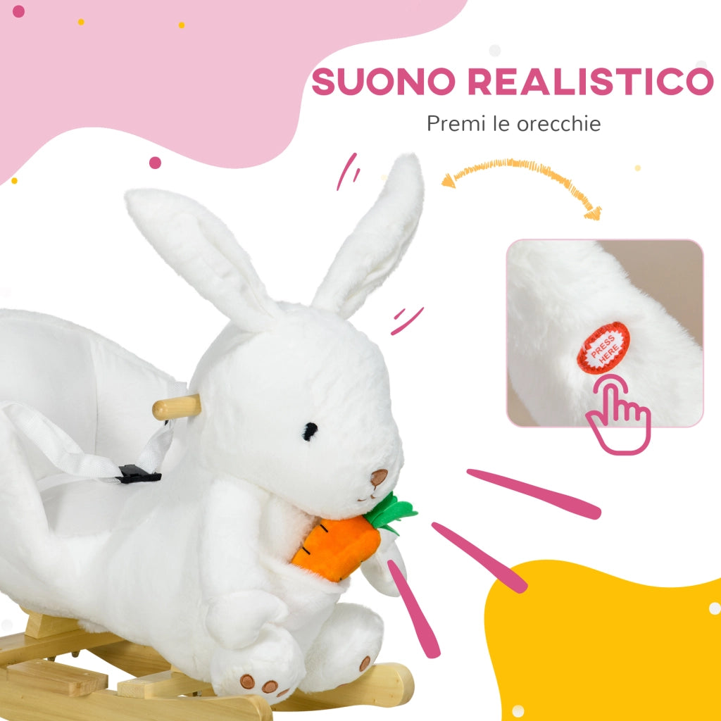 Animale a Dondolo a forma di Coniglio con Suoni e Cintura di Sicurezza, 60x33x50 cm, Bianco