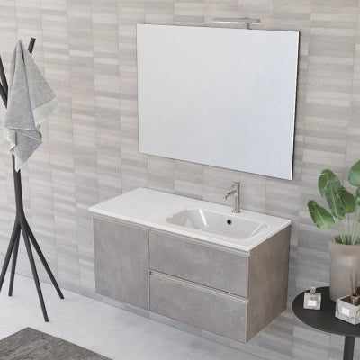 Mobile bagno sospeso 100 cm grigio cemento con cassetti e anta completo di lavabo a destra e specchio Master