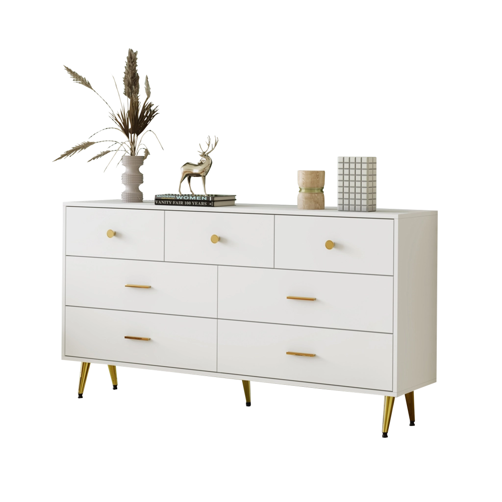 Credenza con 7 Cassetti ¨C Xylo ¨C Bianco, Maniglie Dorate, 140x35x76 cm