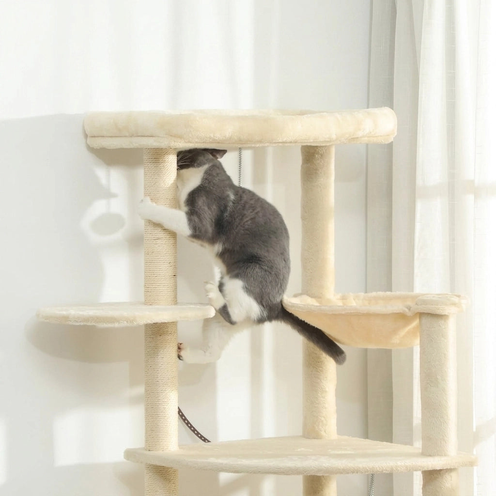 Tiragraffi per Gatti Multi-Livello con Amaca e Cucce; Altezza 200 cm; Beige