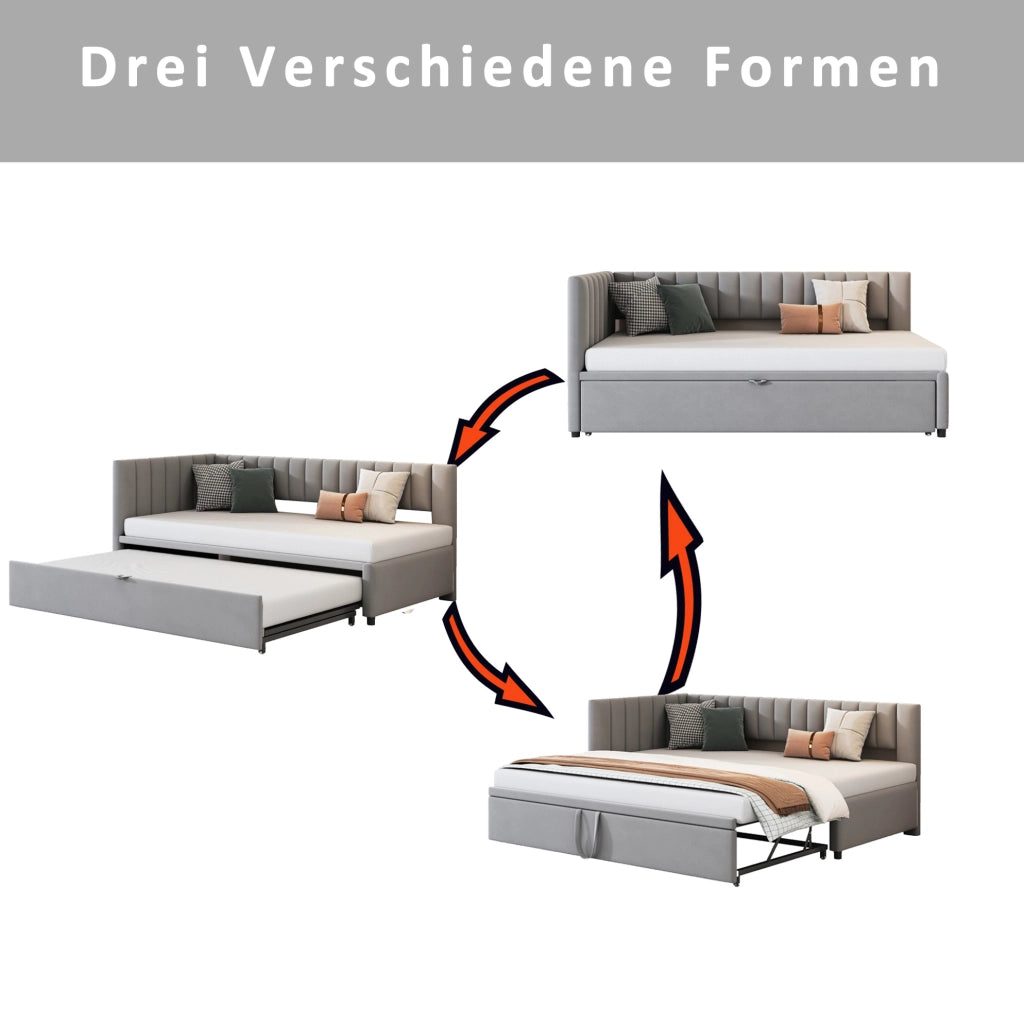 Divano letto a L estraibile in velluto grigio 90 x 200 cm