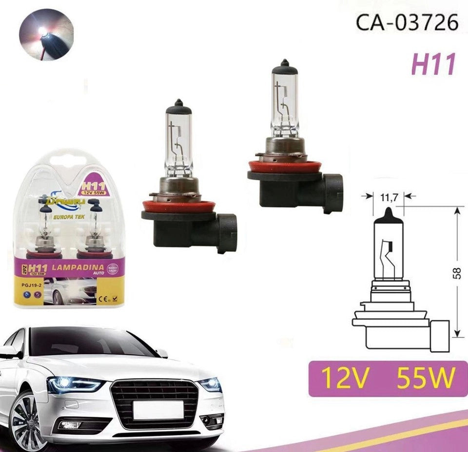 COPPIA FARI LAMPADINE ALOGENE AUTO ATTACCO H11 BIANCO CALDO 3000K 55W 12V 03726