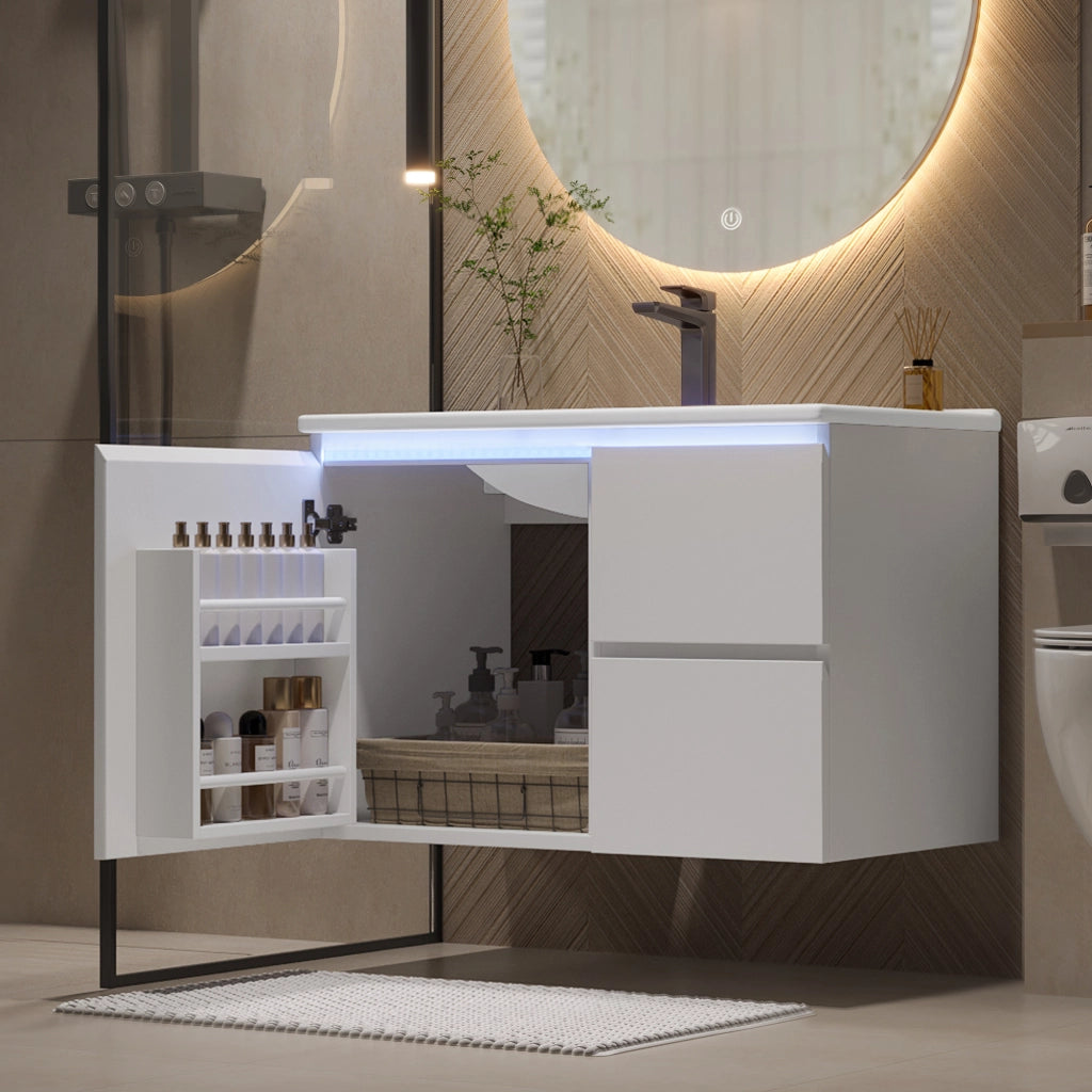 Mobile bagno sospeso 76x46x50 cm con lavabo in ceramica, 2 cassetti, illuminazione LED a sensore radar, bianco