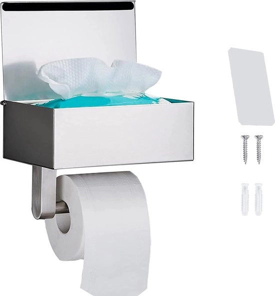 Sostegno per carta igienica con box umidificante e adesivo autoadesivo per la parete - Acciaio inossidabile Argento - Per cucina e bagno