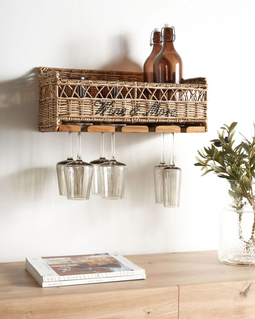 Mensola a muro in rattan metallo teak legno maniglie con porta bicchieri fatto a mano boho naturale decorazione casa decorazione casa