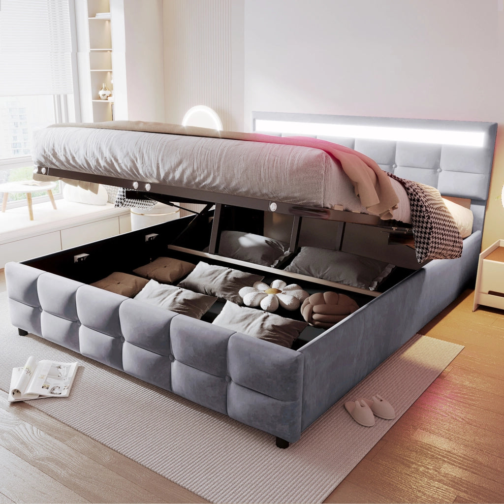 Letti contenitori 180x200 cm con LED e rete a doghe; velluto; grigio