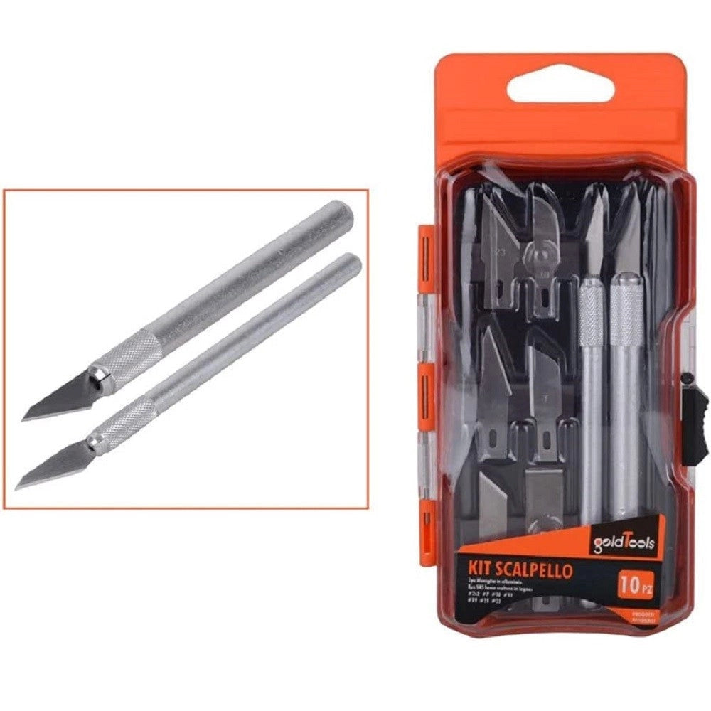 Trade Shop - Kit 10pz Bisturi Tagliabalsa Taglio Coltello Precisione Incisione 2 Manici 92200 -