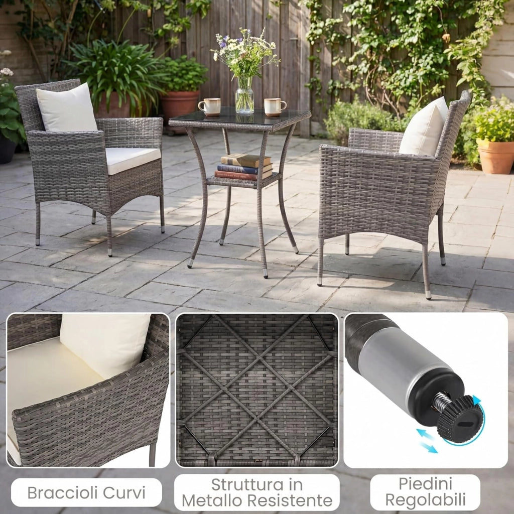 Set da Salotto da Giardino 3 Pezzi, 3 Pezzi Set Mobili da Esterno in Rattan con Tavolo in Vetro Temperato a Doppio Ripiano, Set da Conversazione con Cuscini per Veranda (Grigio+Bianco)