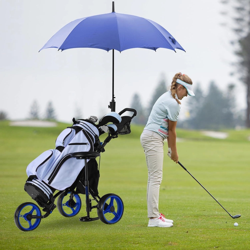 Carrello da Golf Pieghevole con 3 Ruote, Trolley da Golf Altezza Regolabile di Alluminio con Sedile, Porta Ombrello e Porta Bevande