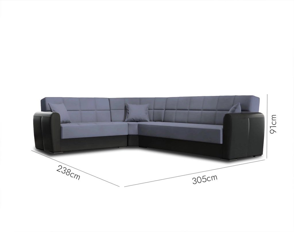 Divano letto Gaillardia, Divano letto contenitore ad angolo in ecopelle e tessuto, SofÒ  da soggiorno con apertura click-clack e penisola reversibile, 305x238h91 cm, Nero e Grigio Tortora\