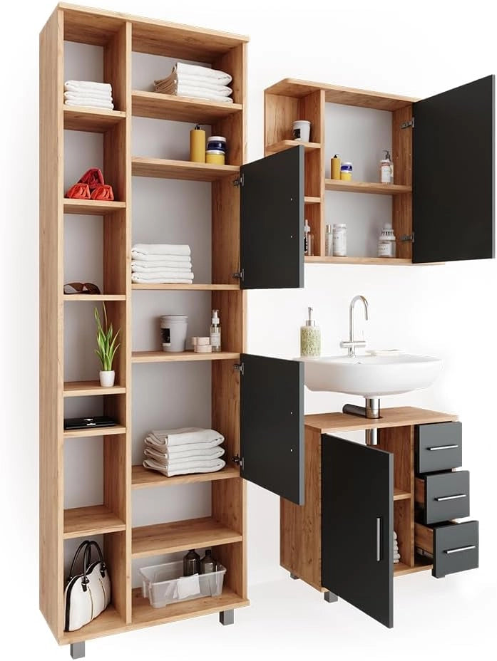 Set mobili bagno Ilias, Rovere, 60 cm, composto da mobile sottolavabo, specchiera e colonna alta