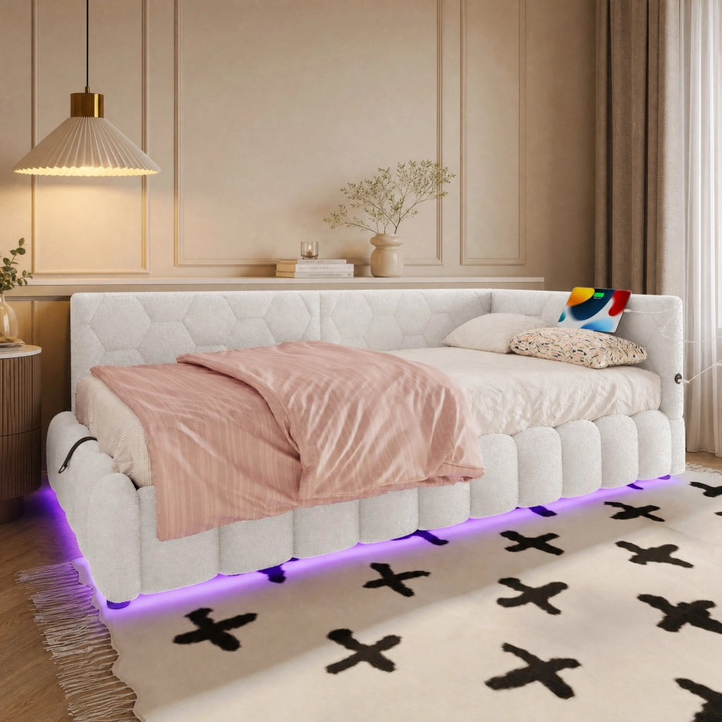 LETTO 90x200 cm con rete, LED, sollevamento idraulico, USB e Type-C, Bianco