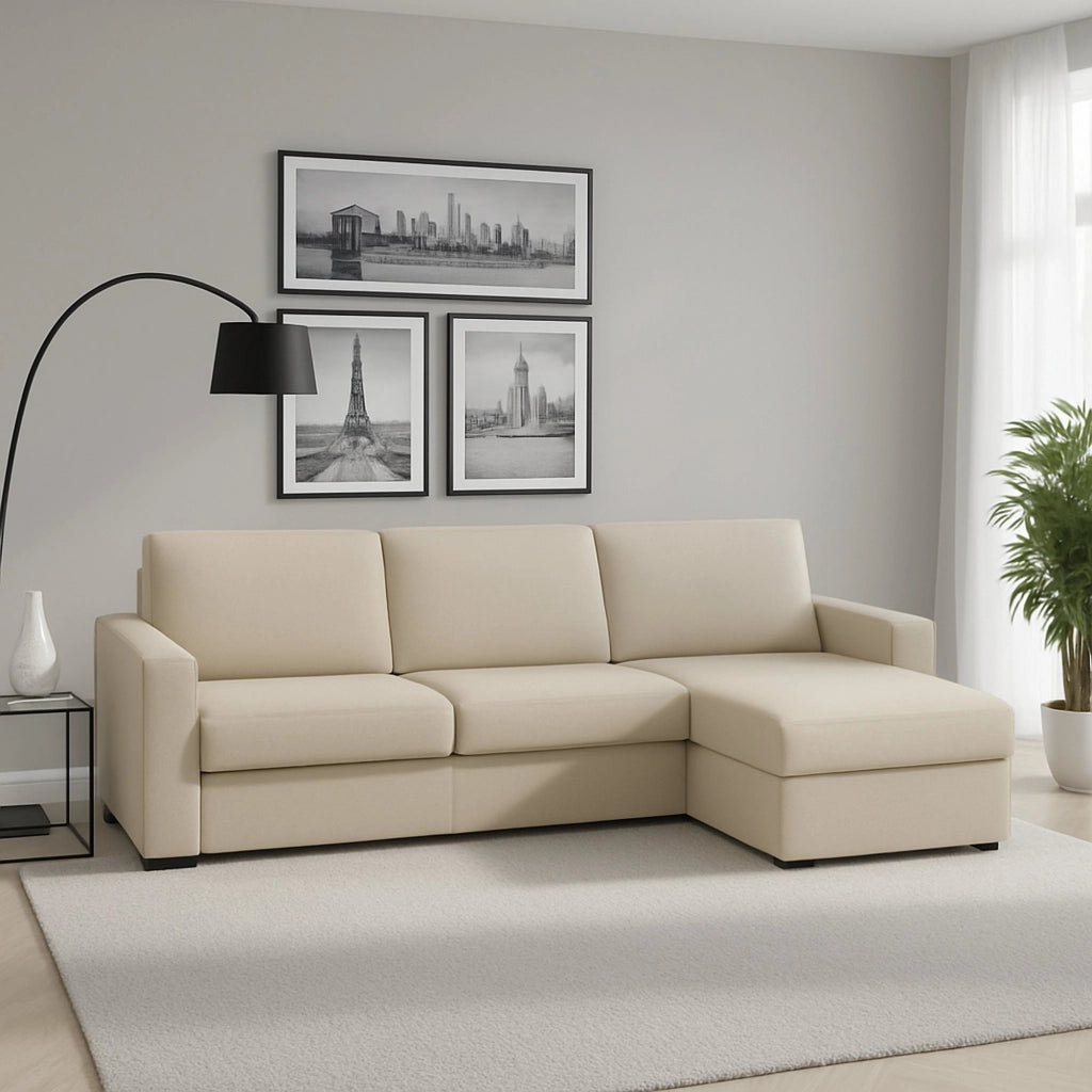 Divano fisso Azechiele, Divano ad angolo, Made in Italy, SofÒ  Soggiorno, con Penisola contenitore reversibile, in tessuto imbottito, con Braccioli slim, cm 260x95h90, Beige