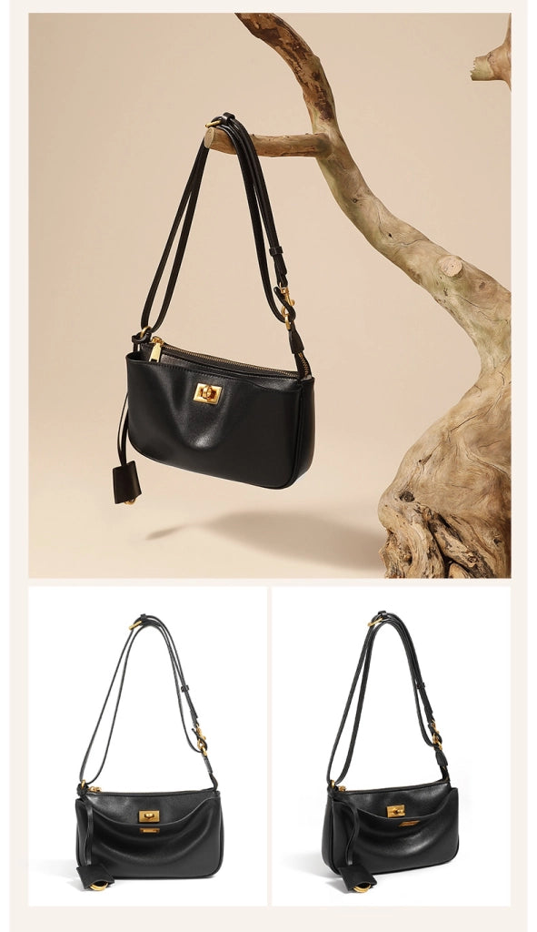 Borsa a tracolla da donna in vera pelle, stile vintage, nera.