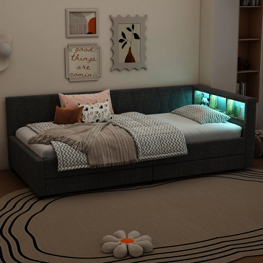 LETTO Giorno 90x200 cm Grigio in lino e MDF con USB e LED