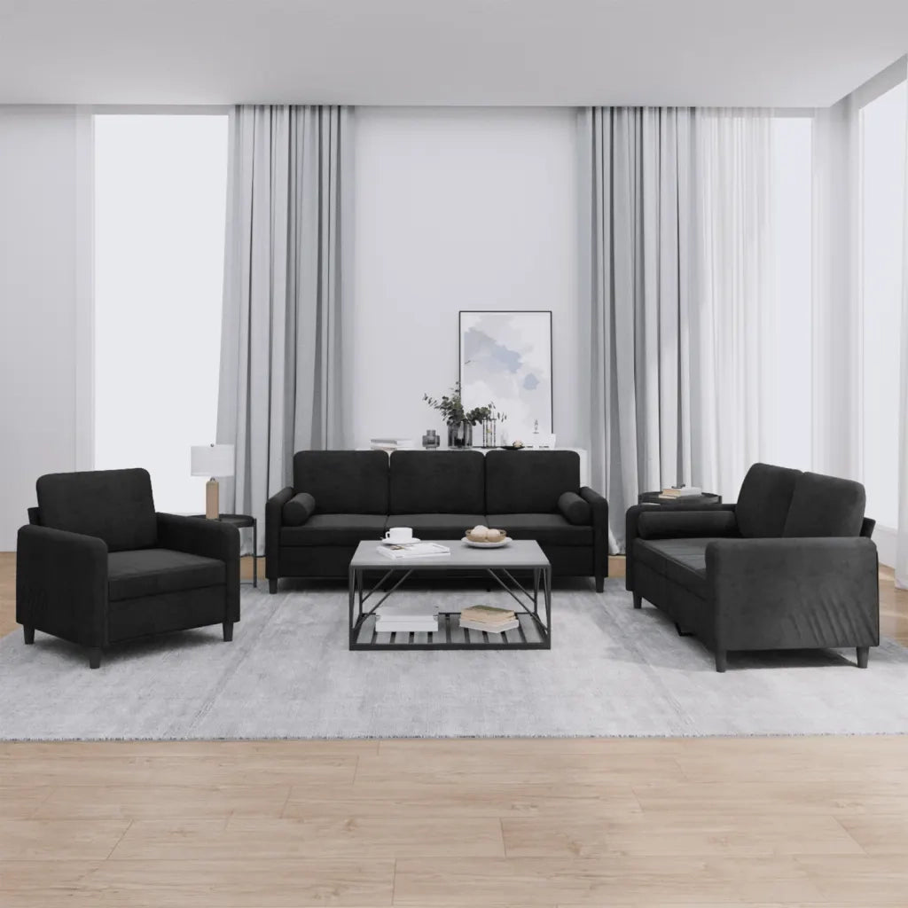 Set di Divani 3 pz con Cuscini Nero in Vellutocod mxl 80209