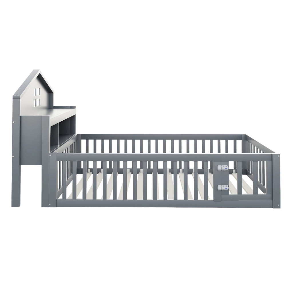 Letto a pavimento per bambini 90x200 cm grigio con lavagna, ripiani e barriera