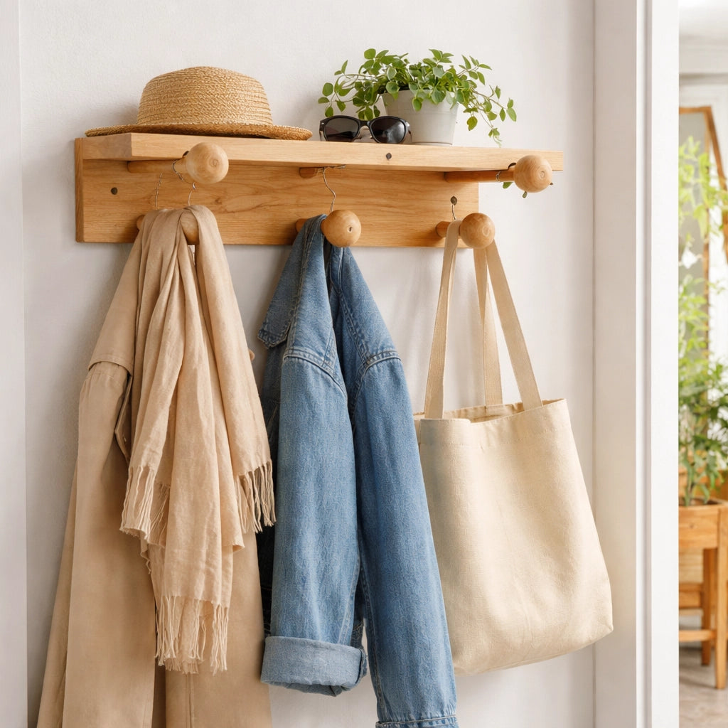 Mensola Appendiabiti in Legno Naturale 30 cm con 5 Ganci da Parete | 74211