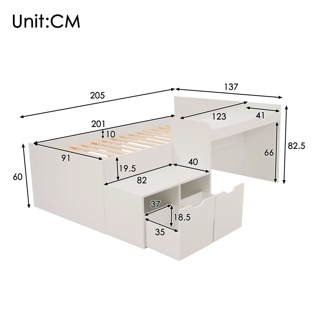 Letto per bambini 90x200 cm con scrivania e 2 cassetti, in legno massello e MDF, bianco