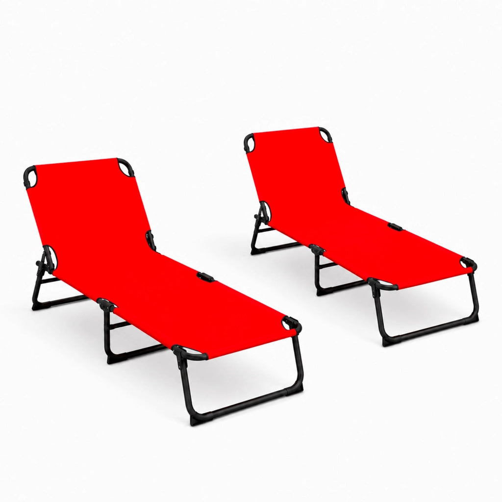 Set 2 Lettini Mare Pieghevoli Senza Tettuccio Sdraio Con Schienale Regolabile Telaio Acciaio Telo Traspirante 24 x 187 x 53 Cm Rosso