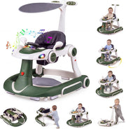 Girello per Bambini 6-in-1 Evolutivo, Centro Attività Pieghevole con Maniglia, Regolazione Altezza/Velocità, con Musica, Luci Tenda, per Neonati 6-18 Mesi (Verde+Bianco)