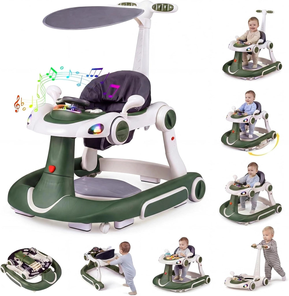 Girello per Bambini 6-in-1 Evolutivo, Centro Attività Pieghevole con Maniglia, Regolazione Altezza/Velocità, con Musica, Luci Tenda, per Neonati 6-18 Mesi (Verde+Bianco)