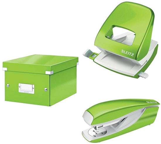 Set Organizzatore Click & Store con coperchio, piccolo, con perforatrice e punterello per 30 fogli, cassetto per documenti fino A5 in ufficio e a casa, Serie WOW, Verde, 60430054 + 50081054 + 55021054