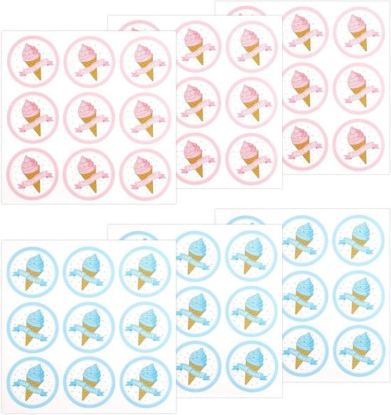 Sticker di rivelazione del sesso - Gelati - Blu e Rosa - Feste di benvenuto per il bambino - Ragazzi o Ragazze - 54 pezzi
