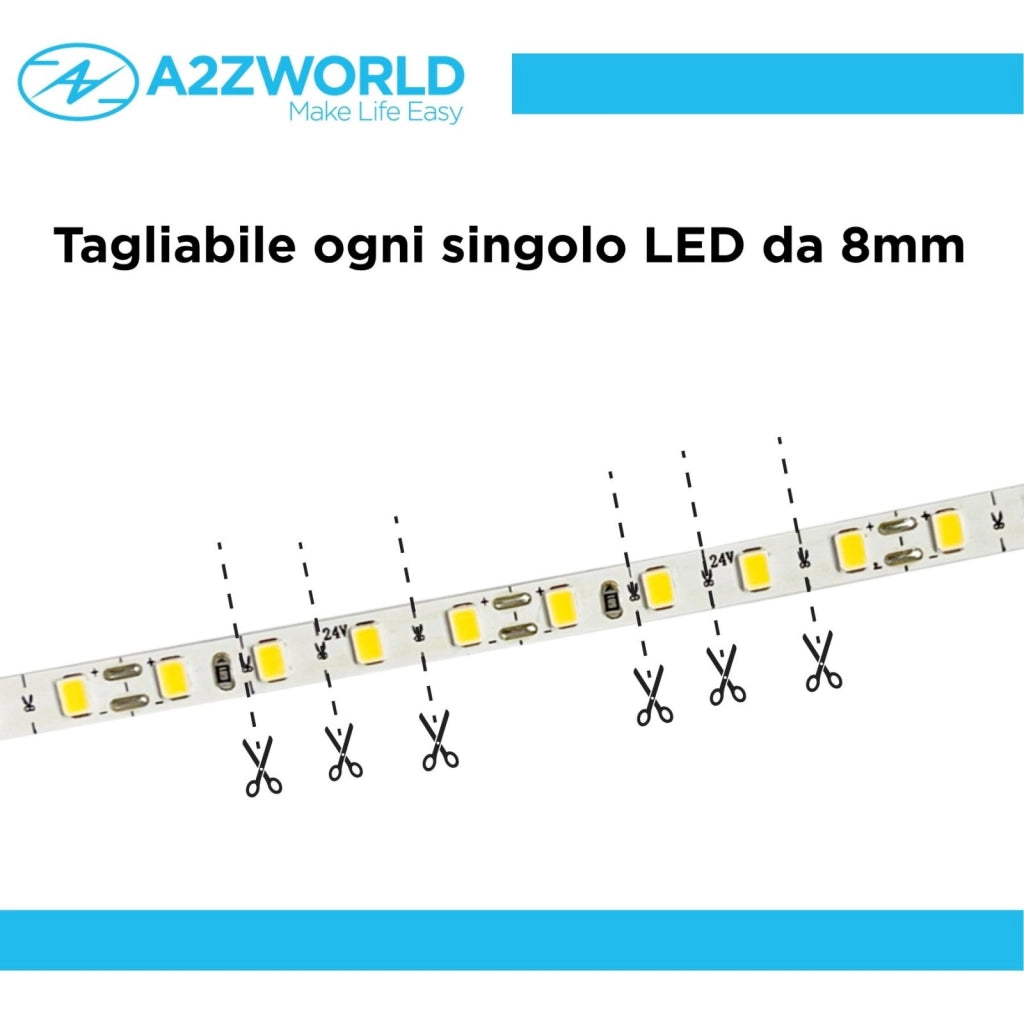 24V Striscia Led SMD Da 10 Metri, Slim da 5mm 8W/M, 110lm/W 120SMD/M, Bianco Neutro 4000K, Tagliabile Ogni Singolo Led da 8mm, Dimmerabile PWM, IP20, CRI>80