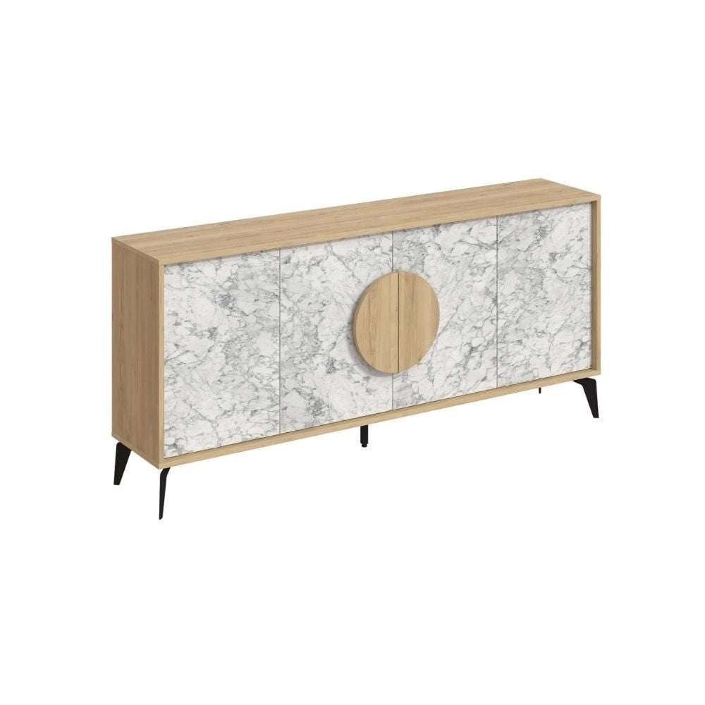 Madia 4 ante Gora180 colore bianco effetto marmo carrara e rovere 180x35,6x82