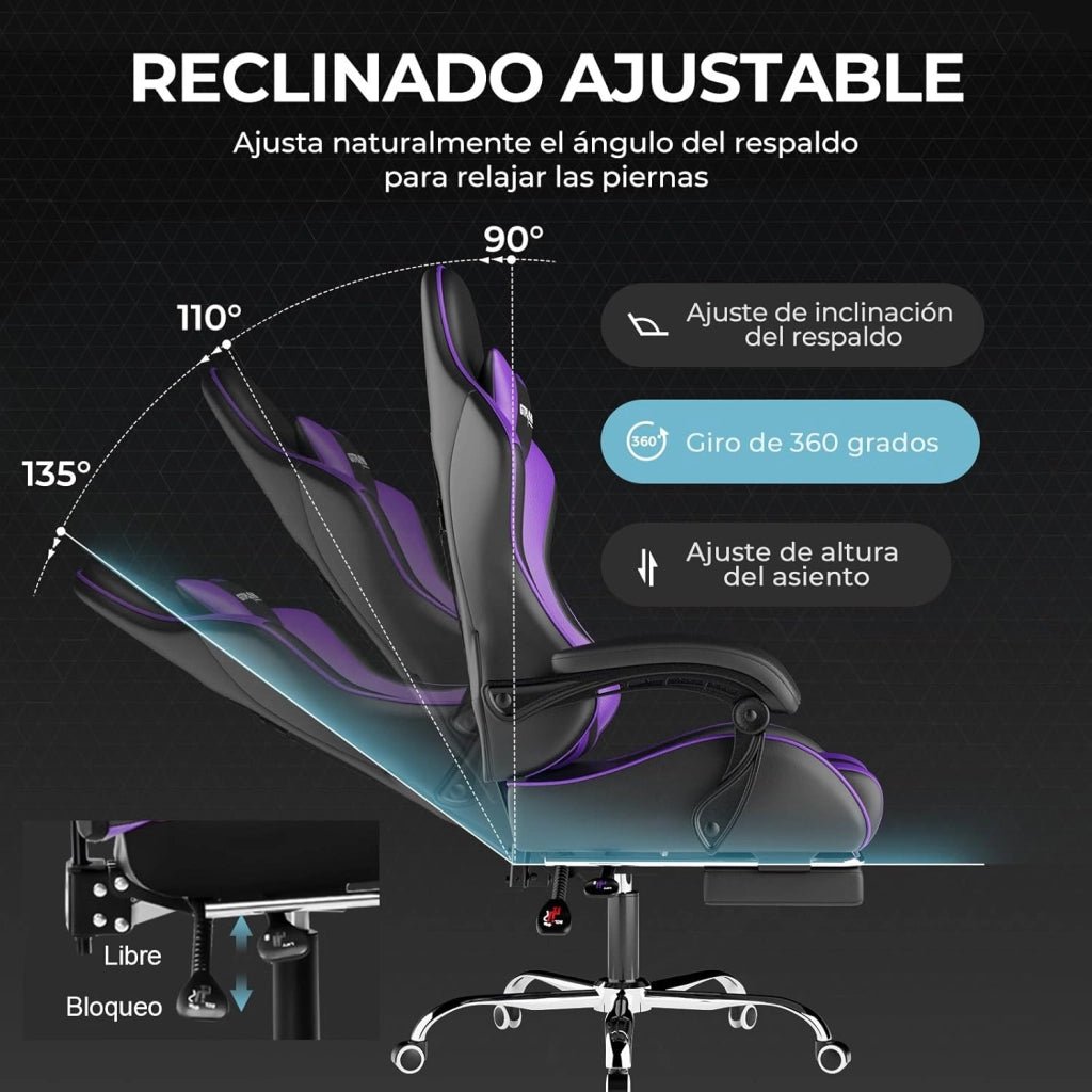 Sedia da gioco con massaggio ergonomico | Poggiapiedi e poggiatesta retrattili | Supporto 150 kg | Ufficio e Casa | Colore Viola