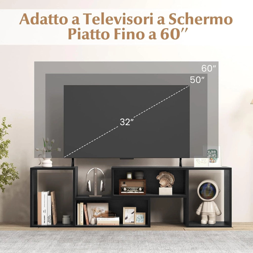 Mobile Porta TV Combinabile a 2 Pezzi, per TV Fino a 60'', Mobile TV a Angolo Soggiorno in Legno, con 4 Vani Aperti, Tavolo Media TV Multifunzionale, per Soggiorno, Camera da Letto (Nero)