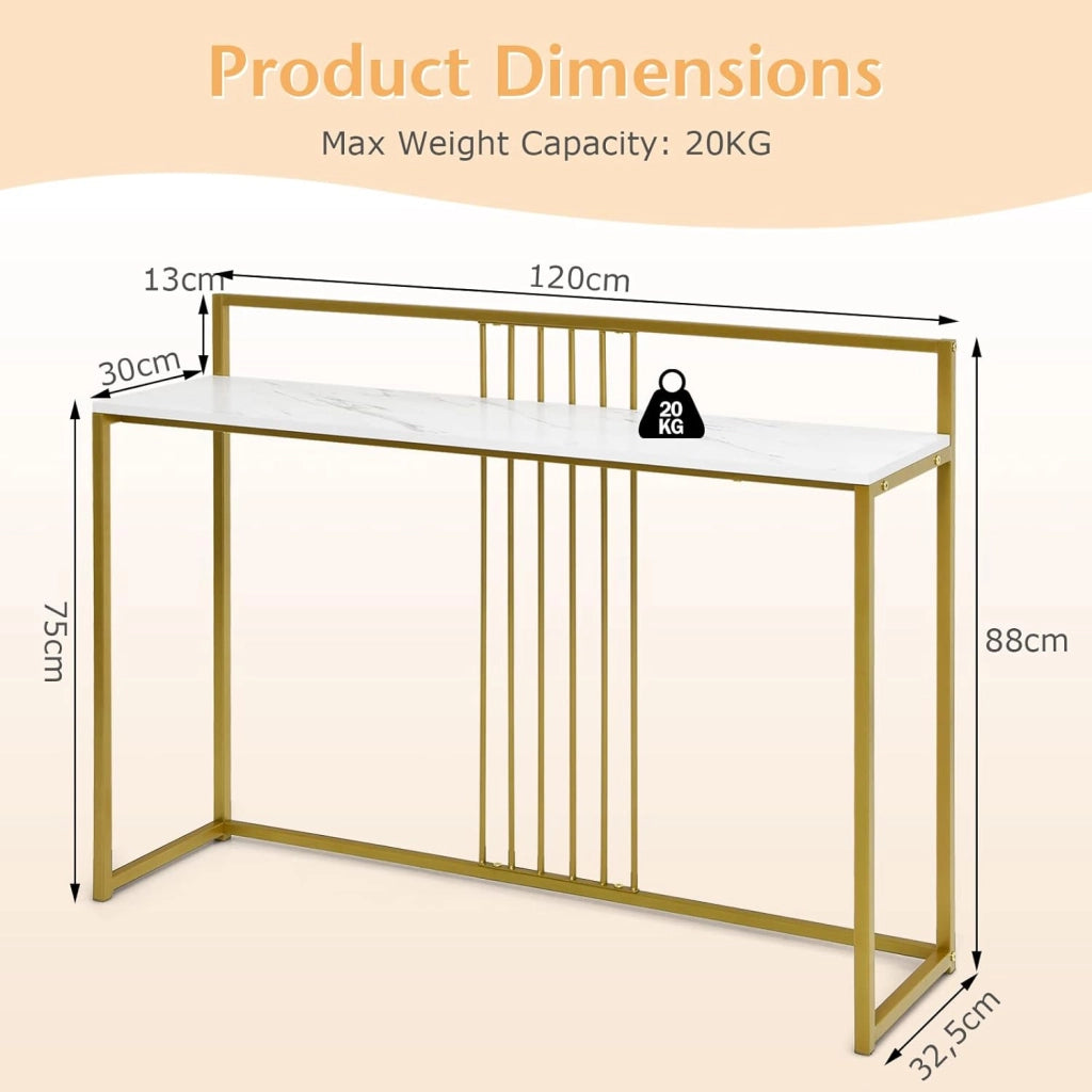 Tavolo Consolle in Marmorizzato Oro, Tavolino da Corridoio Struttura in Metallo, Tavolino da Salotto Design Moderno e Sottile, 120 x 30 x 88 cm (Bianco+Oro)
