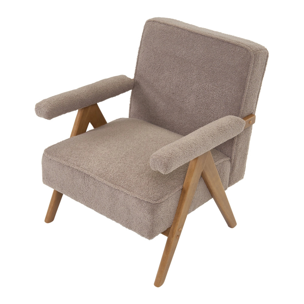 Poltrona con rivestimento in tessuto boucle beige Evje Design Retrò Struttura in legno Braccioli Soggiorno