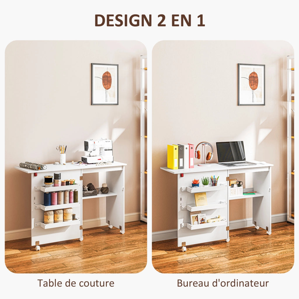Tavolo da cucito pieghevole con ripiani e ruote ¨C zephmum ¨C bianco 90x60x75
