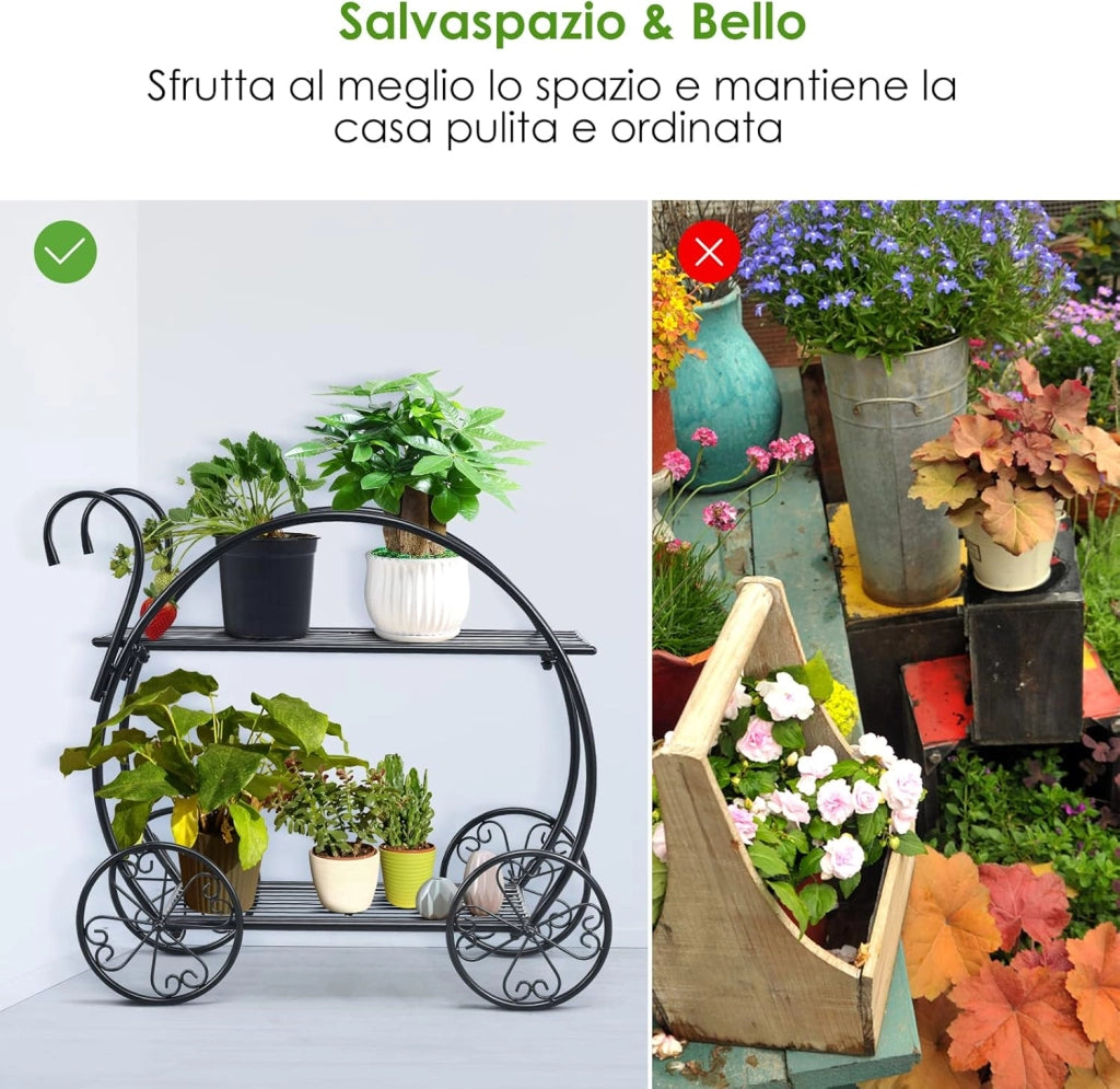 Scaffale per Piante in Metallo, Scaffale Portavasi a 2 Livelli con 4 Ruote, Porta Fiori da Interno ed Esterno per Soggiorno, Giardino e Balcone, Nero (MODELLO 14)