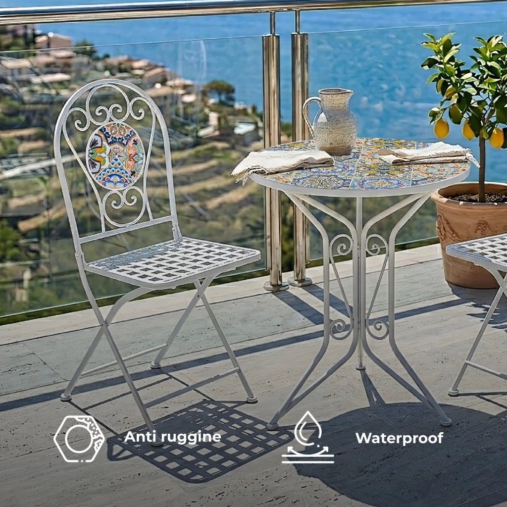 Set Bistrot Tavolino Con 2 Sedie Con Mosaico In Ceramica Per Esterno Terrazzo Giardino Pieghevoli Patio Casa,Bar,Ristoranti,Mobili Giardino Mod-Sciacca