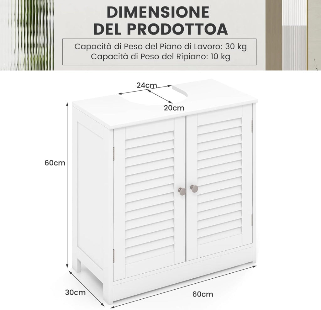 Mobile Sottolavabo per Bagno, Armadietto a Terra con 2 Ante a Persiana, Ripiano e Taglio a U 24 x 20cm, Organizer Moderno e Salvaspazio per Prodotti da Toeletta e Asciugamani, Bianco