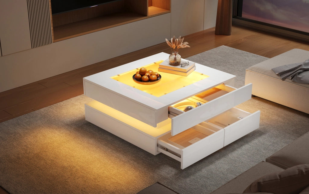 Tavolino da caffè quadrato bianco con LED e 3 cassetti