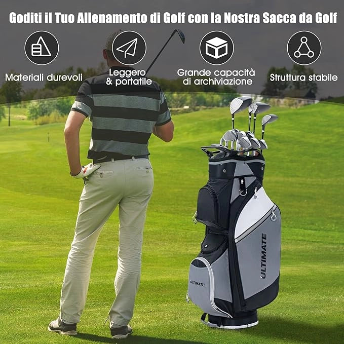 Borsa da Golf con 14 Divisori, Sacca per Mazze da Golf con Borsa Termica, Cappuccio Impermeabile, Maniglie e Tracolla, Ideale per Uomini e Donne, Nero e Grigio